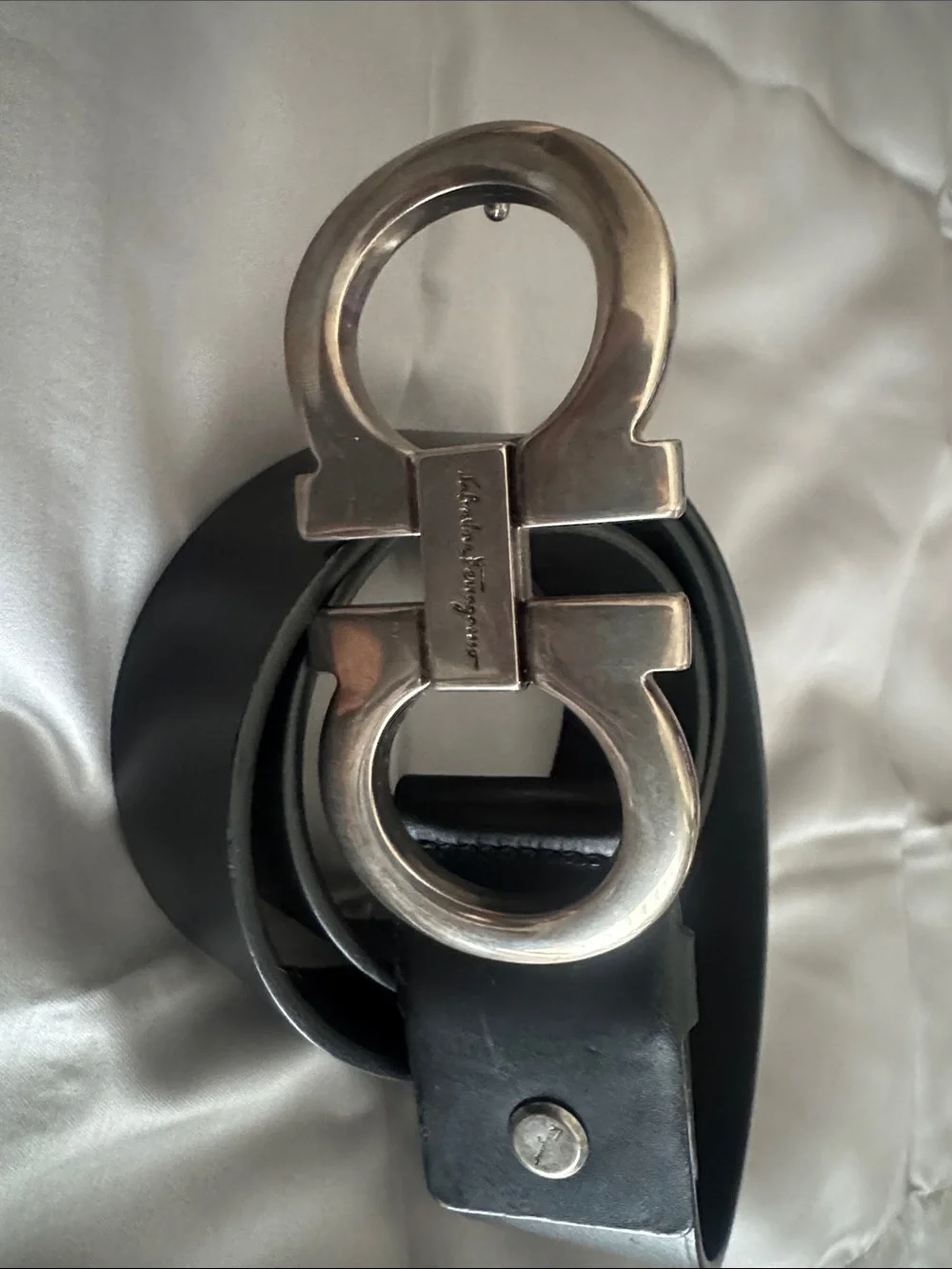 Salvatore Ferragamo Black Leather Belt with Aged Silver Gancini Buckle